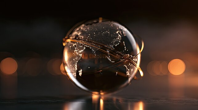 A shimmering glass globe with glowing rings orbits a detailed map of Earth