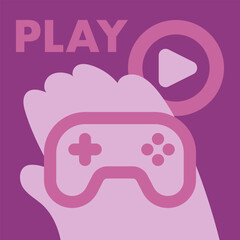 Video Gaming Concept Vector Illustration, Hand Holding Gamepad Controller Silhouette with Play Button Icon and Typography, Minimalist Flat Design, Purple and Pink Monochrome Palette © scoutori