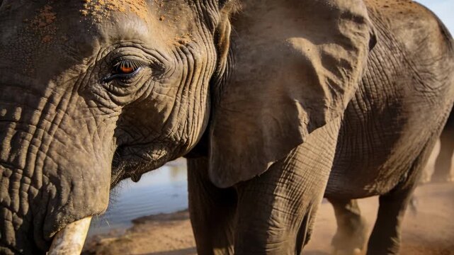 Lifting foot lead elephant leading herd kicking dust along muddy waterhole edge, revealing tusk
