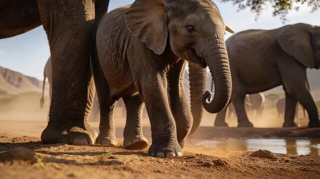 Stepping calf elephant moving across watering hole with herd moving, seeking water near adult legs