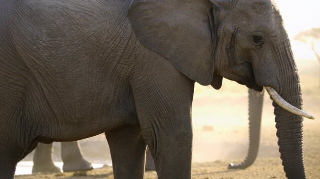 Herd moving, walking adult African elephant lifting and curling trunk along water edge to drink
