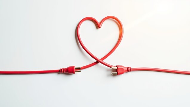 Red power cable creating heart shape with disconnected plugs on white background showing love and connection concept
