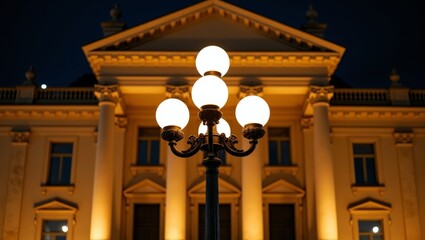 Naklejka premium Ornate streetlamp illuminating a classical building facade with columns and portico at night