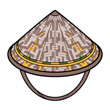 Traditional asian conical hat illustration with geometric patterns