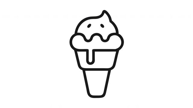 A simple black line icon of an ice cream cone with dripping topping