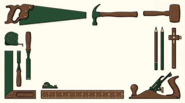 Woodworking hand tools border including saw, hammer, chisels, and hand plane for carpentry projects, DIY craftsmanship, and artisanal workshop themes, professional tool collection.