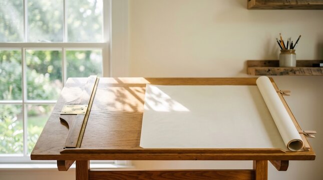 Professional wooden drafting table with T-square and blank paper roll in sunlit studio. Architectural workspace for design, planning, and manual drafting; creative labor.