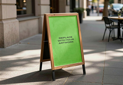 Wooden A-frame sidewalk sign mockup with green chalkboard surface and placeholder text, positioned on a paved walkway near cafe outdoor tables chairs, Template