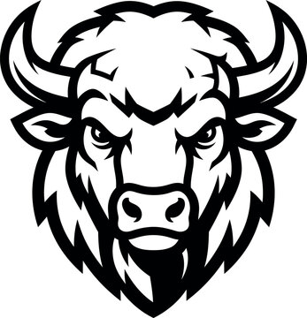 Bison head mascot vector, aggressive buffalo sports logo, black and white american bull illustration for team branding