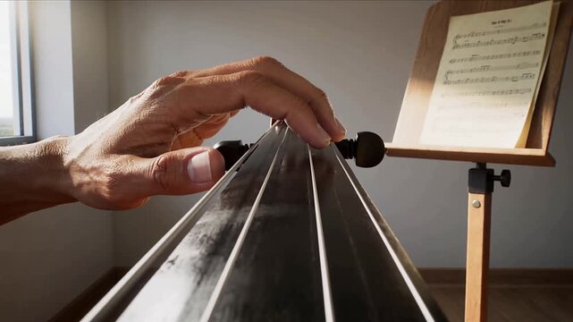 Reading sheet music cueing player's left hand pressing strings shifting fingers on neck in studio