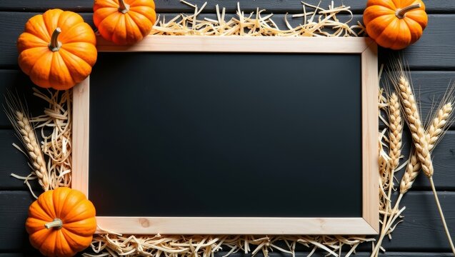 Autumn harvest flat lay composition with mini pumpkins, wheat, and straw surrounding a blank blackboard