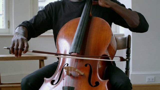 Starting male cellist drawing bow across cello strings at window, wearing black shirt, practicing