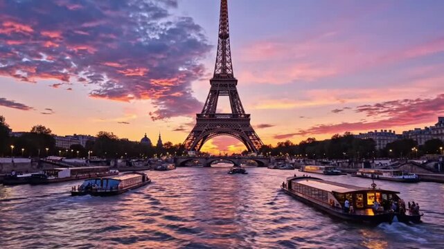 Beautiful wide video of eiffel tower in paris surrounded by water with ships under the colorful sky
