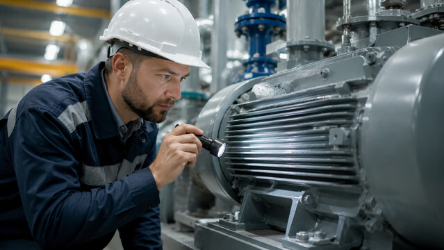 A technician wearing a white hard hat inspects industrial machinery with a flashlight in a factory setting.