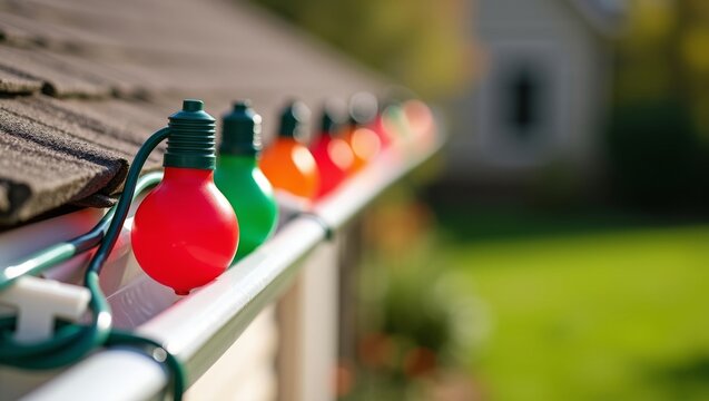 Christmas lights illuminating house gutter, preparing festive home exterior decoration for holiday season