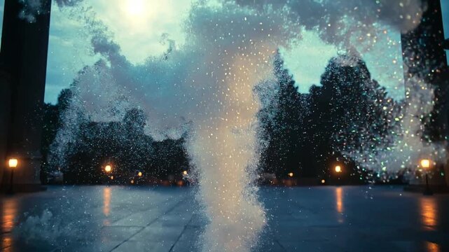 Emerging foamy plume from circular grate at dusk, under glowing warm light, spraying tiled plaza