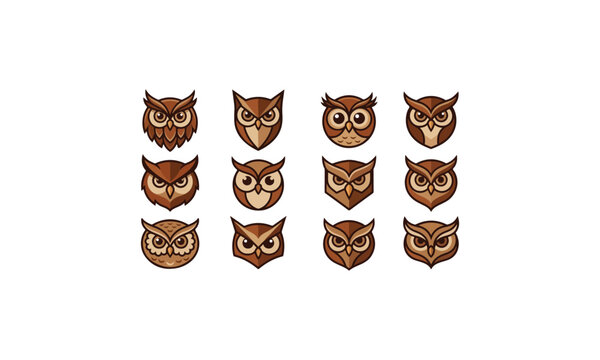 Twelve stylized brown owl head icons and logo templates featuring different facial expressions and geometric shapes isolated on a white background