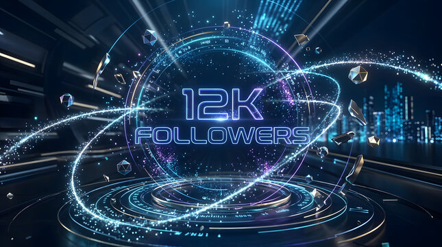 12K Followers Neon Futuristic Social Media Milestone Hologram Celebration Graphic for Branding