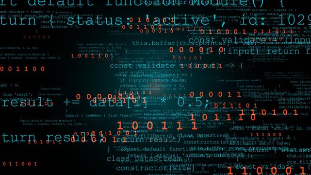 Binary code digital data stream with programming scripts and numbers flickering for cybersecurity