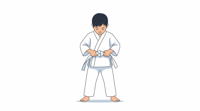 Karate kid tying a white belt while standing on a plain white background.