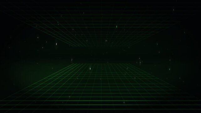A perspective of a neon green grid floor and ceiling converging in darkness, with scattered floating particles creating a retro sci-fi space atmosphere.