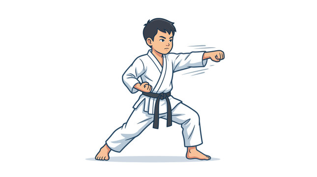 Young boy in a white uniform executes a strong forward punch with determination and correct form.