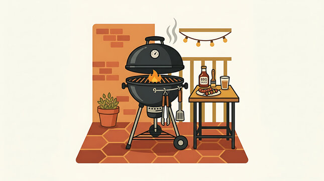 A barbecue grill with fire and food on a side table on a patio