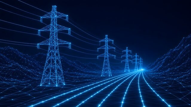 Futuristic digital powerline transmission towers glowing in a dark wireframe landscape representing the modern smart grid and advanced energy distribution networks.