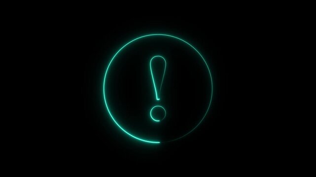 Green neon exclamation mark in circle animated warning sign on black background .signal alert risk safety danger road warning sign sign symbol. Warning attention icon signal , alert , risk , safety.