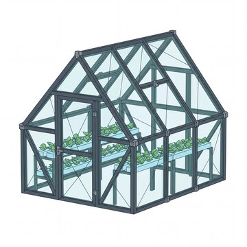 Isometric greenhouse illustration with hydroponic plant tiers
