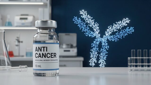 Anti-cancer monoclonal antibody vial in laboratory with molecular antibody model