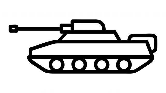 A simple black line drawing of a military tank with a long cannon