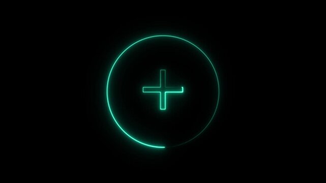 Glowing neon plus sign icon animation circle mathematic calculating positive accountancy sign symbol on black background.