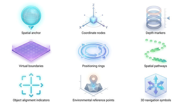 Collection of 3D UI elements and spatial computing indicators for virtual and augmented reality interfaces