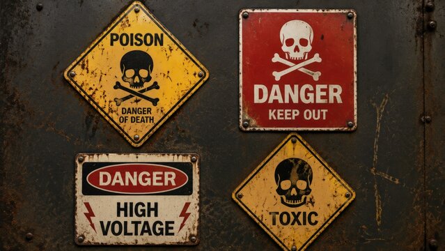 Four retro warning signs mounted on a dark metal wall featuring skull imagery with poison danger keep out high voltage and toxic hazard warnings, underscoring the vintage