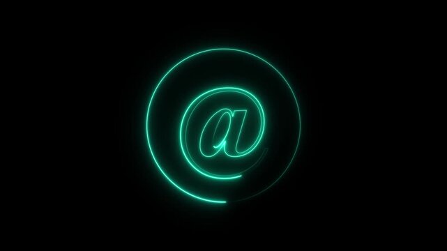 A dynamic motion, and glowing neon @ animation . Glowing neon 'At" symbol 3D icon spinning. Alpha channel. Seamless looping with black background.