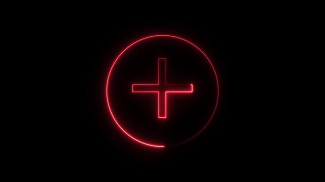 Glowing neon plus sign icon animation circle mathematic calculating positive accountancy sign symbol on black background.