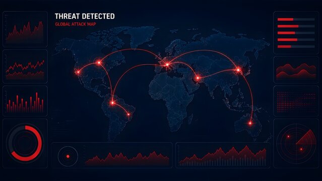 Futuristic cybersecurity threat detection dashboard displaying a global attack map with red network connections and data analytics charts.