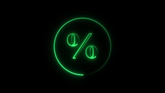 Glowing Neon Percentage Symbol Inside a Circle on a animated Black Background.  proprietor with constant percentage symbol. Neon sign % animation. 