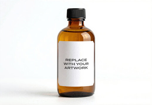 Glass bottle mockup with blank label and black screw cap, isolated on surface, product packaging presentation template for branding graphic design