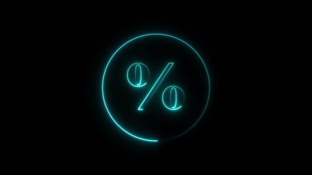 Glowing Neon Percentage Symbol Inside a Circle on a animated Black Background.  proprietor with constant percentage symbol. Neon sign % animation. 
