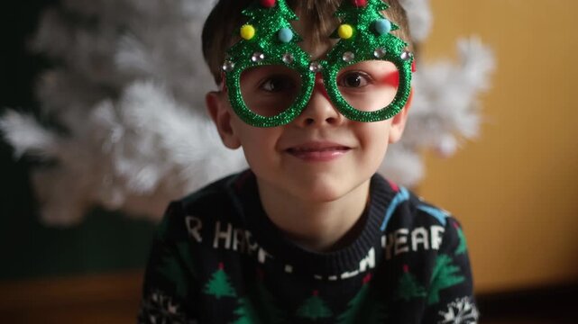 Christmas holiday. Closeup portrait of joyful child wearing funny Christmas eyeglasses at home