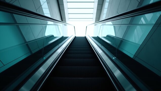 Escalator ascending to a luminous ceiling in a minimalist interior, symbolizing ambition, success, and the journey ahead