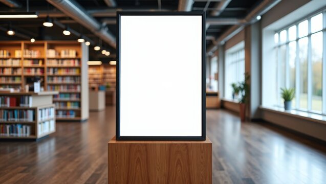 Blank vertical poster frame mockup on wooden pedestal in modern library interior with bookshelves and windows