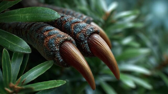 Predatory Claws in Verdant Foliage: A close-up captures the sharp, formidable claws of a predatory creature gripping onto lush green branches, hinting at raw power and the untamed wild.