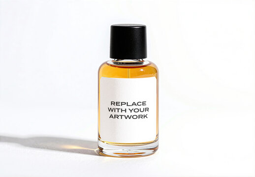 Glass perfume bottle mockup with label and black cap on surface, minimalist product presentation soft lighting, realistic packaging template for branding graphic design display