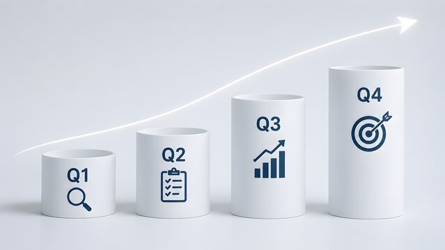 Quarterly business growth concept featuring increasing pillars from Q1 to Q4 with strategic planning icons and an upward trending success arrow.