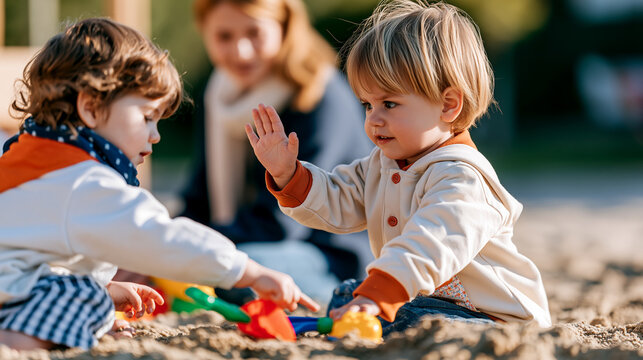 Two toddlers have a natural sandbox disagreement over a toy, one confidently raising a hand in a stop gesture while a caregiver calmly observes nearby.