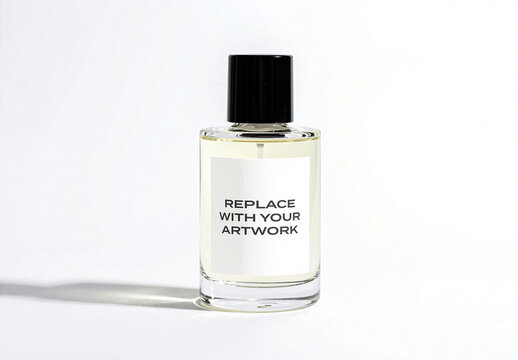 Glass perfume bottle mockup with black cap and blank label on a surface, minimalist product presentation for branding packaging design, commercial advertising display
