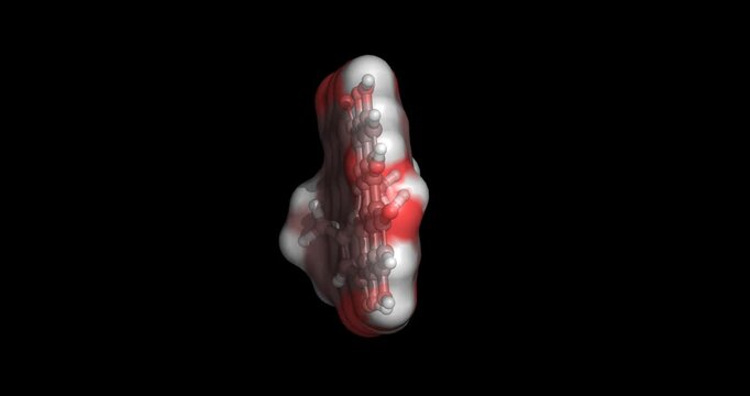 Hypericin, natural naphthodianthrone pigment found in St. John's wort with potent photosensitizing and antiviral properties, 3D molecule spinning, 4K